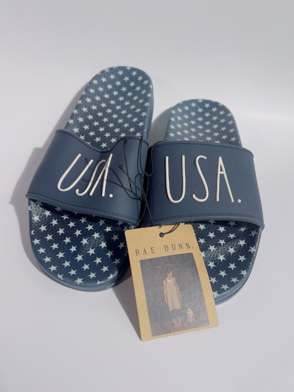 Rae Dunn Womens  Sandals Slides "USA" Navy  Blue White Stars Size 7 Brand New - Picture 2 of 7
